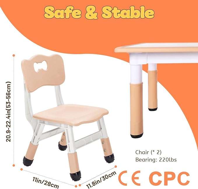 FUNLIO Adjustable Kids Chair (2pcs), 3 Level Height Adjustable Toddler Chair for Ages 3-8, Sturdy Child Chair with Maximum Bearing 220lbs, for Classrooms/Daycares/Homes, CPC & CE Approved - Natural