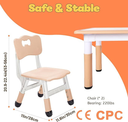 FUNLIO Adjustable Kids Chair (2pcs), 3 Level Height Adjustable Toddler Chair for Ages 3-8, Sturdy Child Chair with Maximum Bearing 220lbs, for Classrooms/Daycares/Homes, CPC & CE Approved - Natural