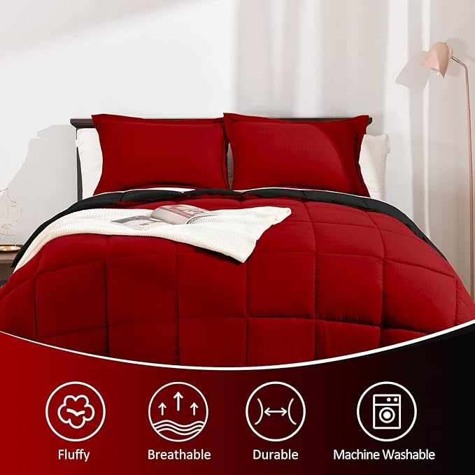 Basic Beyond King Size Comforter Set - Fluffy King Bed Comforter Set for All Seasons - Reversible Red Comforter Set King - 3 Pieces (1 Comforter + 2 Pillow Shams) - Red/Black