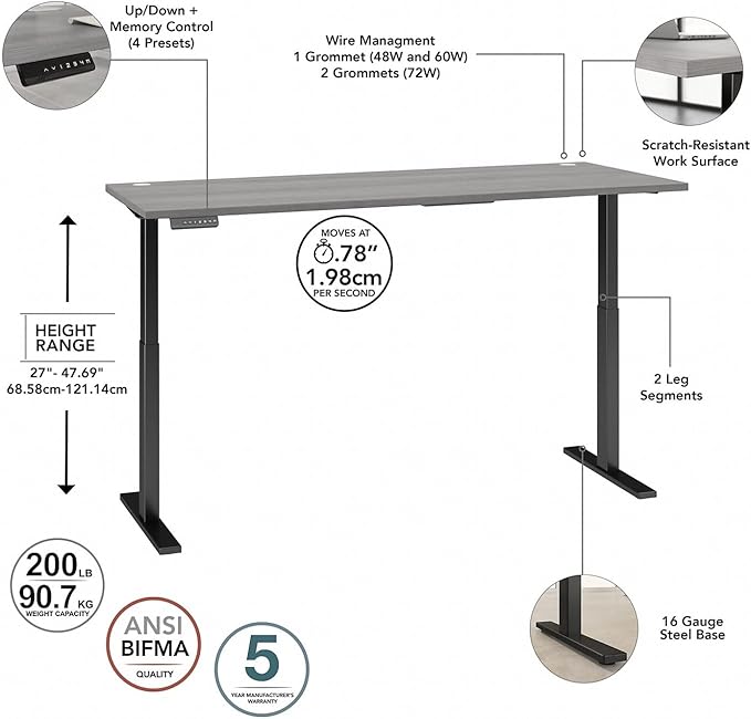 Bush Business Furniture Move 60 Electric Ergonomic Sit-Stand Computer Table for Home and Professional Office, 72W x 30D, Platinum Gray