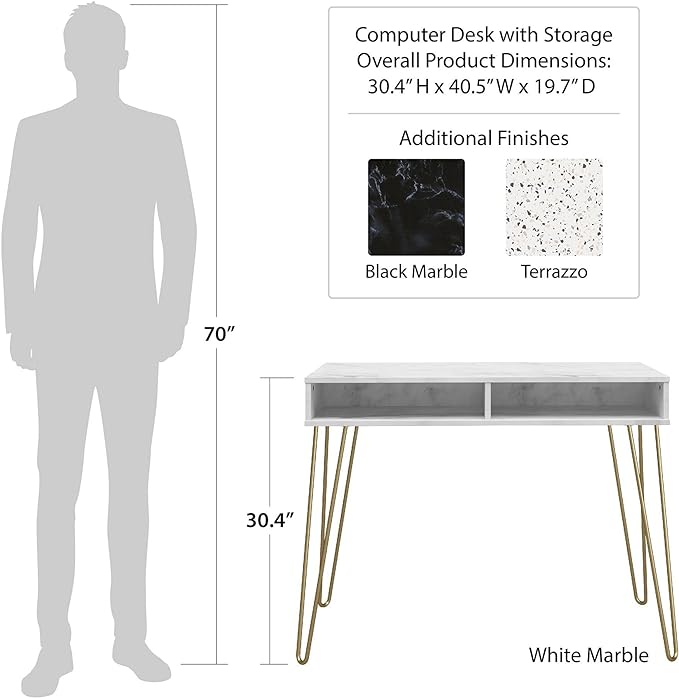 Novogratz Athena Computer Desk with Storage, White Marble