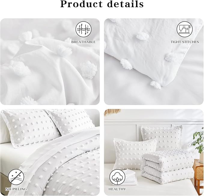 7 Pieces Tufted Dots Bed in a Bag King Comforter Set with Sheets White , Soft and Embroidery Shabby Chic Boho Comforters, Solid Color with Pom Pom Design, Jacquard Tufts Bedding Set for All Season