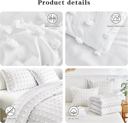 6 Pieces Tufted Dots Bed in a Bag Twin Comforter Set with Sheets White , Soft and Embroidery Shabby Chic Boho Bohemian Comforters, Solid Color with Pom Pom Design, Jacquard Tufts Bedding Set for Kids