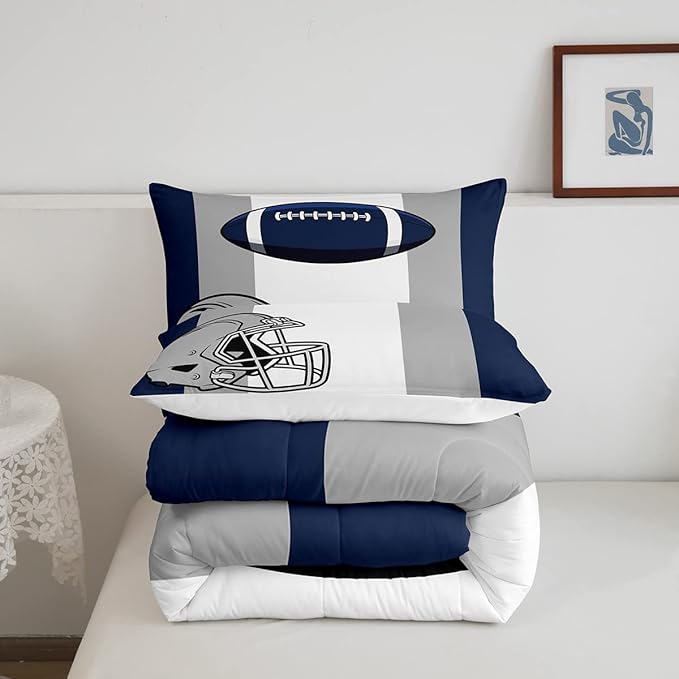Feelyou Kids Football Comforter Set Full Size Rugby Sports Bedding Set for Boys Teens Decor Soccer Ball Game Comforter American Football Grey Blue Duvet Set Quilt 3Pcs Boys