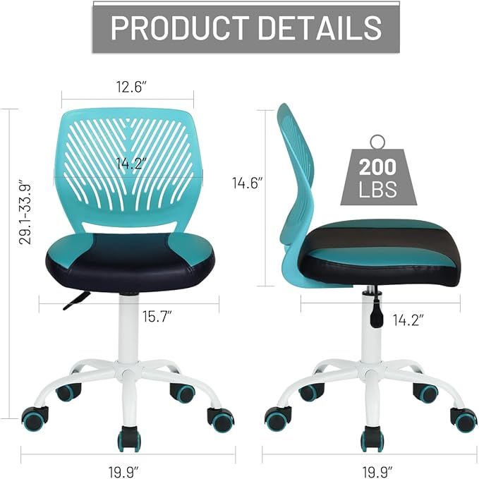 FurnitureR Desk Chair Small Study Chairs Armless for Child Kids Teens, Swivel Rolling Lightweight Task Chair with Wheels and Pu Leather Padded Cushion, Green/Black