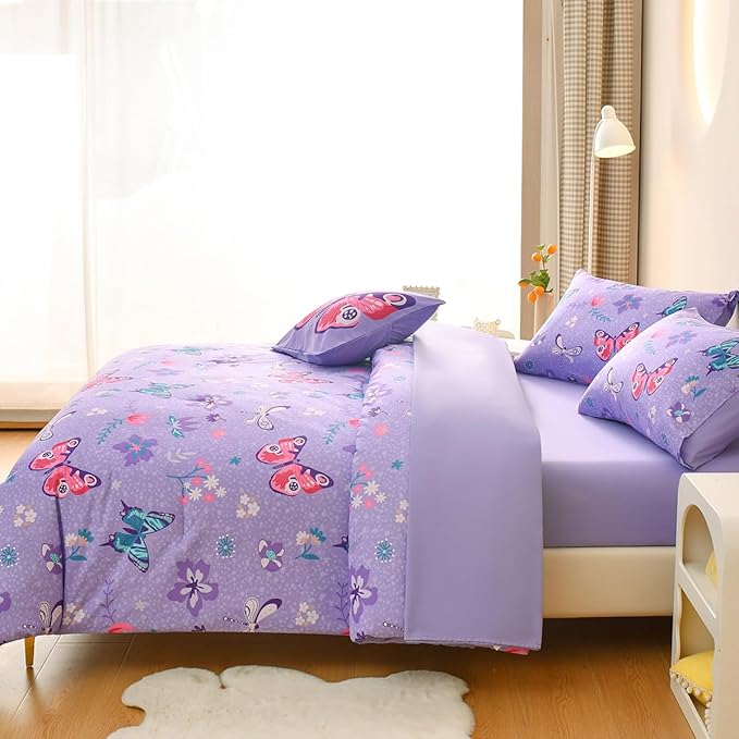 Butterfly Bedding Set Full, Purple Butterfly Comforter Set for Girls Kids Teens 6 pcs Bed in a Bag Full Bedding Sets for Girls