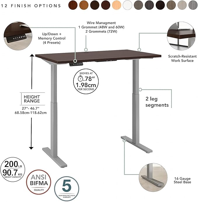 Bush Business Furniture Move 60 Series Electric Ergonomic Sit-Stand Computer Table for Home and Professional Office, 60W x 30D, Mocha Cherry