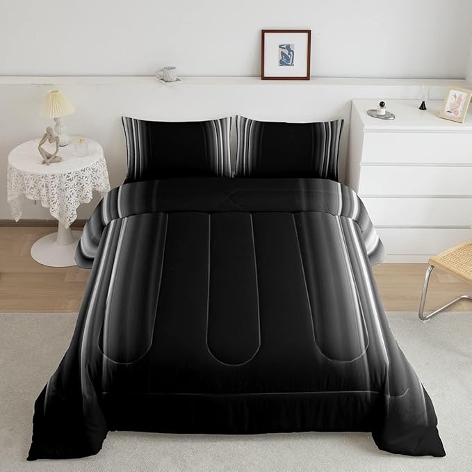 Feelyou Geometric Abstract Ombre Bedding Set Men Adults Teens Grey Gray Black Striped Comforter Set Kids Boys Girls Simple Modern Quiltwith 2 Pillowcases 3Pcs Bedding King Boys