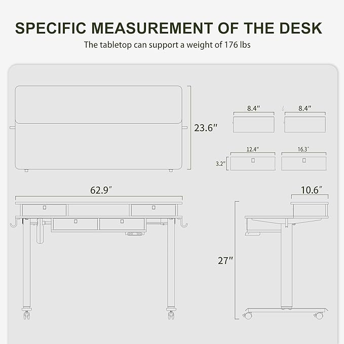 BANTI Height Adjustable Electric Standing Desk with 4 Drawers, 63 x 24 Inch Table with Storage Shelf, Sit Stand Desk, Light Rustic Brown Top