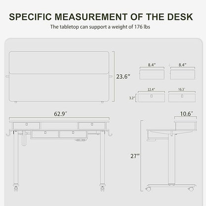 BANTI Height Adjustable Electric Standing Desk with 4 Drawers, 63 x 24 Inch Table with Storage Shelf, Sit Stand Desk, Light Rustic Brown Top