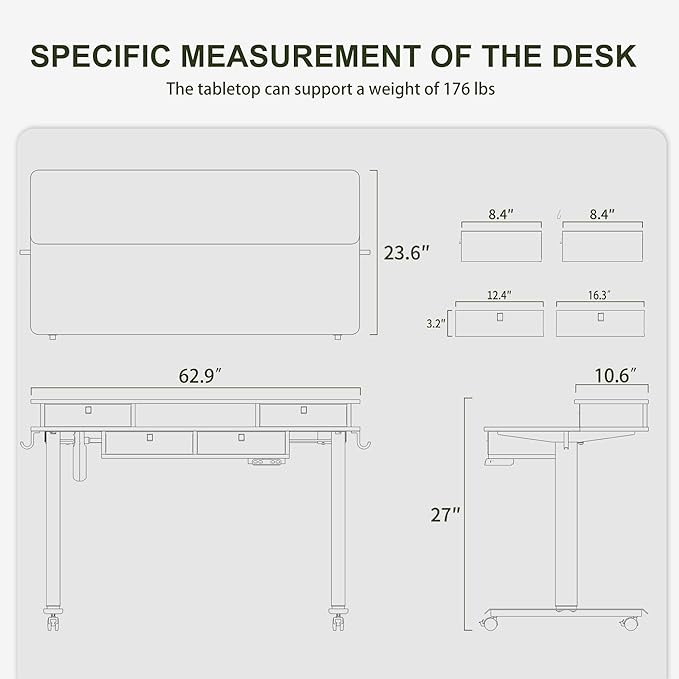 BANTI Height Adjustable Electric Standing Desk with 4 Drawers, 63 x 24 Inch Table with Storage Shelf, Sit Stand Desk, Black Top