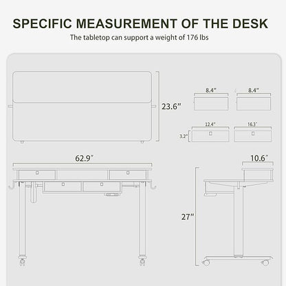 BANTI Height Adjustable Electric Standing Desk with 4 Drawers, 63 x 24 Inch Table with Storage Shelf, Sit Stand Desk, Black Top