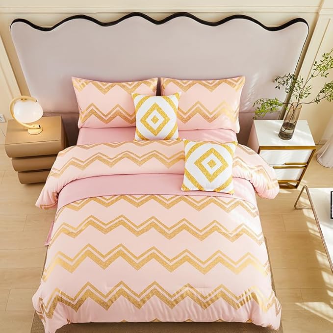 7PCS Rose Gold and Pink Bedding Set,Pink Comforter Set Full Size,Rose Gold Bedding Set Full,Bed in A Bag Full for Teen Girls Women,Bedroom Decoration Full Pink/Rose Gold