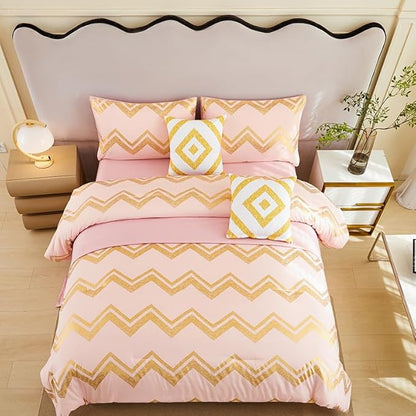 7PCS Gold and Pink Comforter Set,Pink Comforter Queen,Metallic Blush and Rose Gold Pink Bedding Set Queen,Bed in A Bag Queen for Teen Girls Women,Bedroom Decoration Queen Pink/Rose Gold