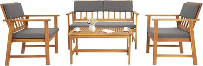 VINGLI Outdoor Patio Furniture, 4 Piece Acacia Wood Sofa Set w/Coffee Table, Patio Table and Chairs Set for Deck, Balcony, Backyard (Natural)