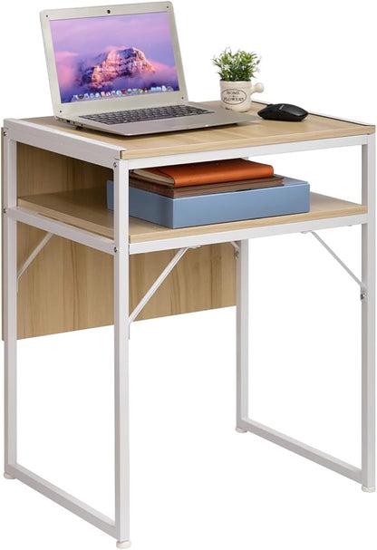 Minimalist Folding Table, Study Desk with Storage Shelf, Small Desk, Portable Computer Desk for Home, Office, Light Brown