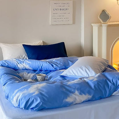 Cotton Blue Cloud Comforter Set Queen Size Sky Blue Comforter Cotton 3 Pieces Soft Light Blue Queen Comforter Bedding Set Women Solid Blue Queen Bed Comforter Set for All Season as Gift