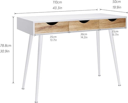 DlandHome Computer Desk with Drawers Mid Century Modern Desk 43 Inches Vanity Desk with 3-Drawers, Office Desk with Drawers Writing Desk Study Table Makeup Tables, Bedroom Dresser Table