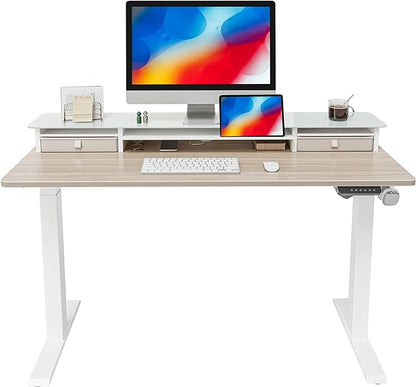 FEZIBO 48 x 24 Inch Height Adjustable Glass Electric Standing Desk with Double Drawer, Stand Up Desk with Storage Shelf, Sit Stand Desk, Light Walnut
