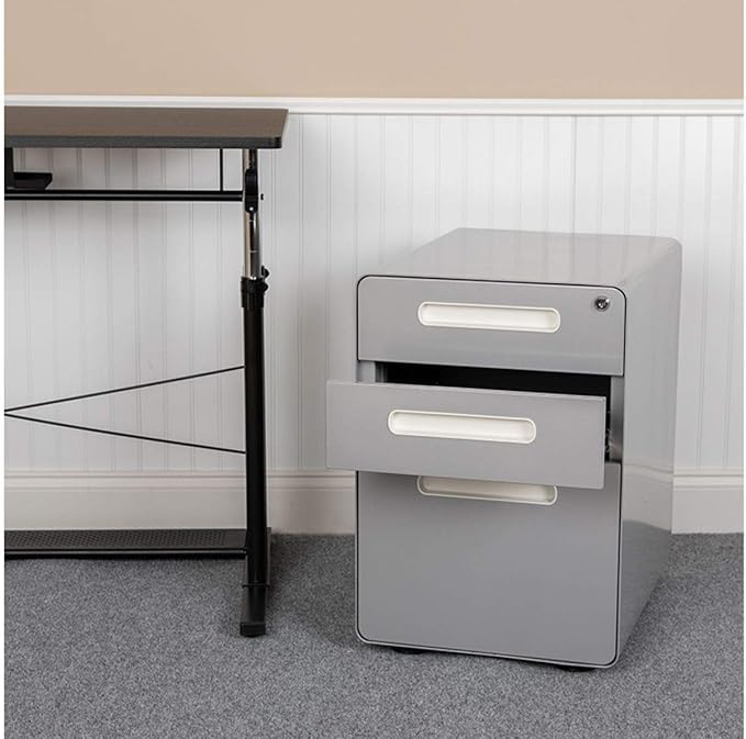 Flash Furniture Wren Ergonomic 3-Drawer Mobile Locking Filing Cabinet with Anti-Tilt Mechanism and Hanging Drawer for Legal & Letter Files, Gray