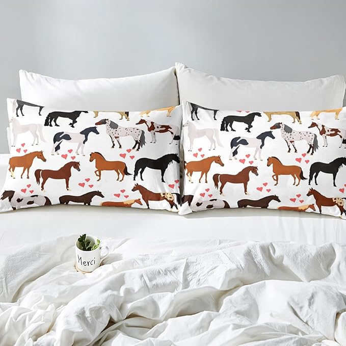 Kawaii Comforter Horse Comforter Set Queen Farm Bedding Set Kids Boys Girls Cute Animal Duvet Set Cartoon Horses with Pink Lover Heart Bedroom Decor Duvet Set Cowboy Cowgirls Comforter Set