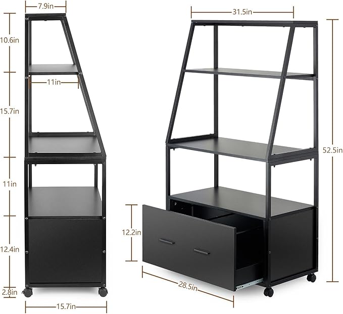 2 Drawer Lateral File Cabinet with Bookshelf, Industrial 4-Tier Filing Cabinet Printer Stand with Wheels, Ladder Shelf Stand with Open Storage for Home Office,Black