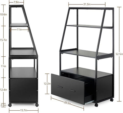 2 Drawer Lateral File Cabinet with Bookshelf, Industrial 4-Tier Filing Cabinet Printer Stand with Wheels, Ladder Shelf Stand with Open Storage for Home Office,Black