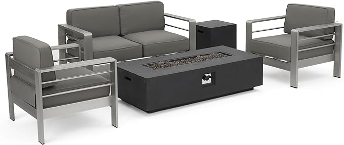 Christopher Knight Home Cape Coral Outdoor Chat Set with Fire Table, 5-Pcs Set, Khaki / Dark Grey