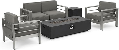 Christopher Knight Home Cape Coral Outdoor Chat Set with Fire Table, 5-Pcs Set, Khaki / Dark Grey