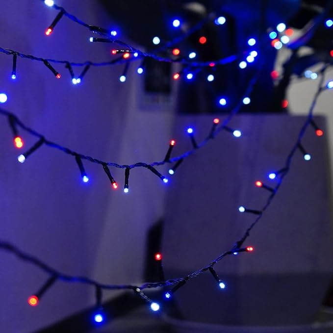 Dazzle Bright 2 Pack Red White and Blue Solar String Lights, 400LED 132FT Christmas Independence Day String Lights, Solar Powered with 8 Modes Waterproof for Outdoor Party Decorations
