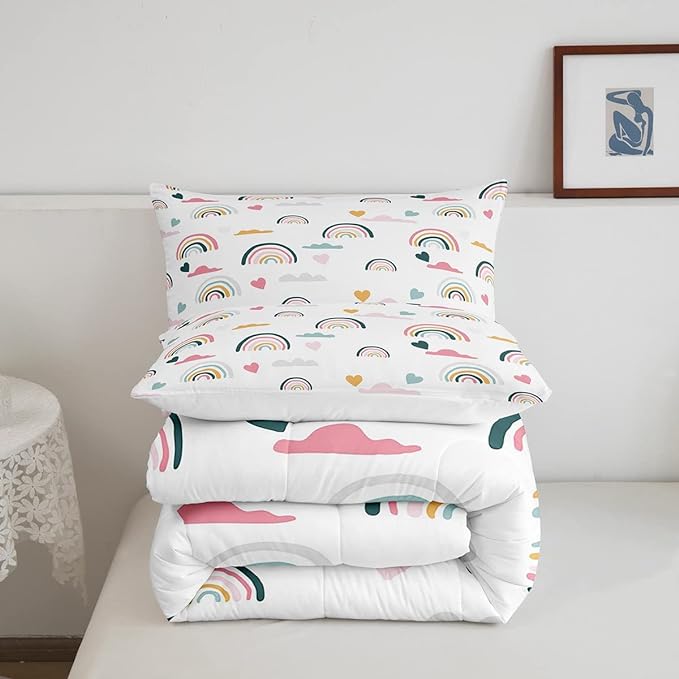 Erosebridal Kids Rainbow Bedding Set, Girly Love Heart Comforter Set Queen Size Cartoon Rainbow Cloud Duvet Sets for Girls Boys Women Bedroom Decor, Soft Microfiber Down Comforter 3 Pieces,Colorful