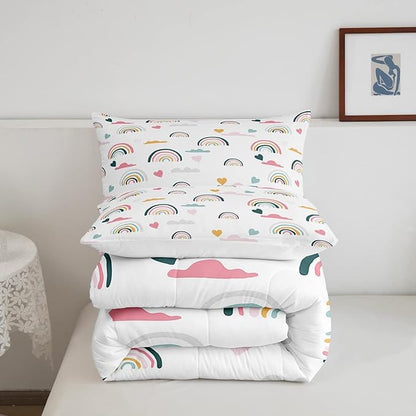 Erosebridal Kids Rainbow Bedding Set, Girly Love Heart Comforter Set Queen Size Cartoon Rainbow Cloud Duvet Sets for Girls Boys Women Bedroom Decor, Soft Microfiber Down Comforter 3 Pieces,Colorful
