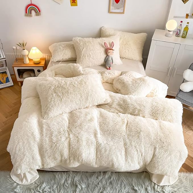 Faux Fur Kids Girls Milky White Comforter Sets Queen - 3PC Bed Set Warm Comfortable Soft Plush Flannel Velvet Fluffy Fuzzy Bedding（Comforter x 1 Pillowcases x 2）