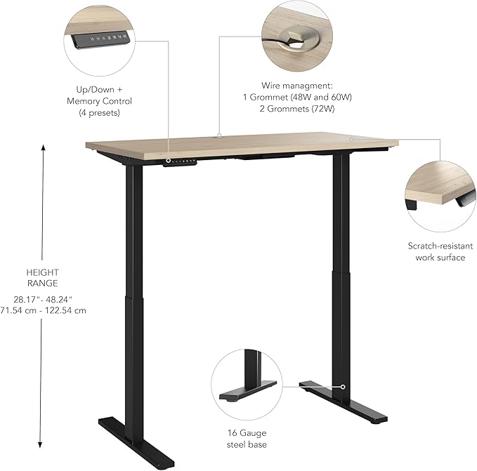 Bush Business Furniture Move 60 Series 48W x 24D Electric in Natural Elm with Black Base, Ergonomic Sit-Stand Computer Table for Home and Professional Office