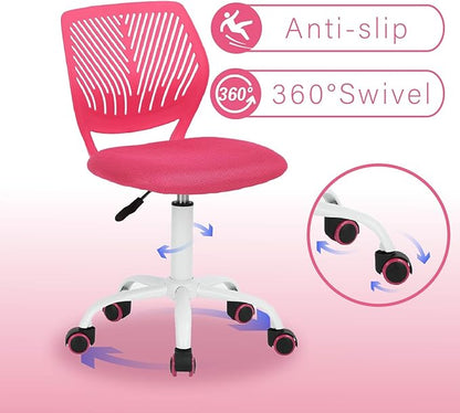 FurnitureR Teens Girls Task Chair 360 Swivel, Low Mid PP Mesh Back Fabric Seat, Height Adjustable, Rolling Castor, W15.7inces x D15.2inces x H29.5-34.2inches (Pink)