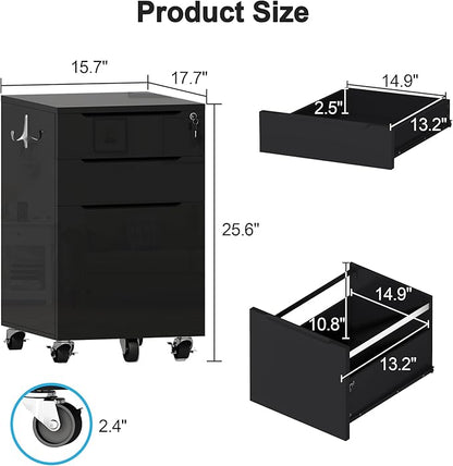 ChooChoo High Glossy File Cabinet with Lock,3 Drawer Rolling Filing Cabinet Fits Legal Size/A4/Letter, Under Desk File Cabinet with Hook for Home Office, Black