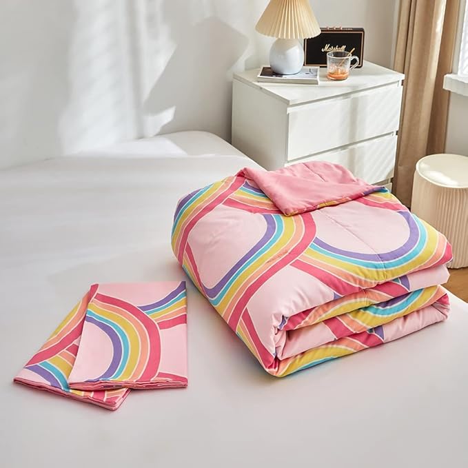 Feelyou Rainbow Glow in The Dark Comforter Set for Girls Kids Queen Pink Rainbow Bedding Set Super Soft Colorful Stripe Mermaid Scales Comforter Baby Girl Bedroom Pink Decor Bedding Quilted Duvet