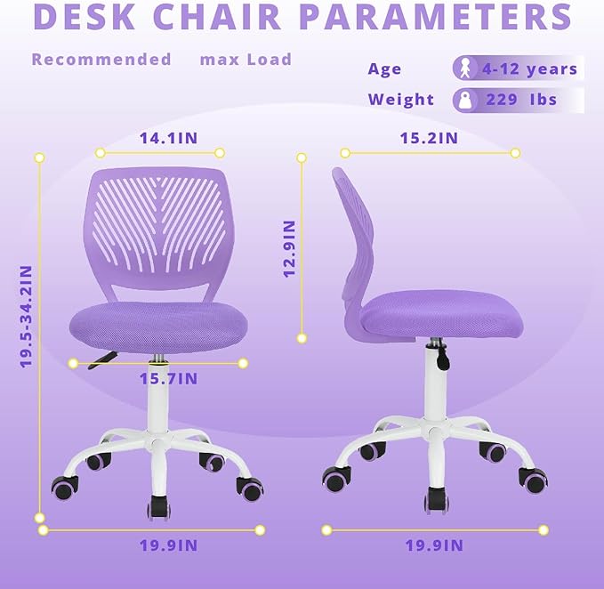 FurnitureR Teens Girls Task Chair 360 Swivel, Low Mid PP Mesh Back Fabric Seat, Height Adjustable, Rolling Castor, W15.7inces x D15.2inces x H29.5-34.2inches (Purple)