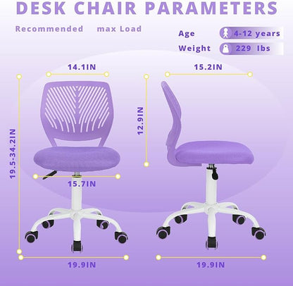 FurnitureR Teens Girls Task Chair 360 Swivel, Low Mid PP Mesh Back Fabric Seat, Height Adjustable, Rolling Castor, W15.7inces x D15.2inces x H29.5-34.2inches (Purple)
