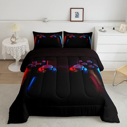 Erosebridal Gaming Bedding Set Gamer Comforter Set Kids Teens Boys Girls Gamepad Quilt Duvet Set Video Game Controller Pattern,Modern Decor 3 Pcs Down Comforter with 2 Pillow Shams, King Size, Black