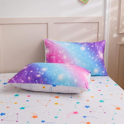 Holawakaka Kids Space Star Glitter Comforter Set Ombre Pink & Blue Print Gradient Bedding Set Twin Size (Pink Lavender, Twin)