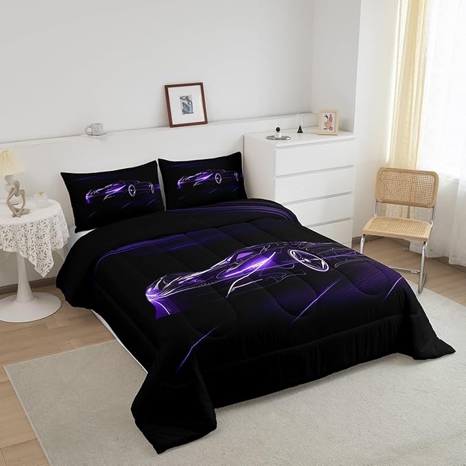 Feelyou Dull Purple Race Car Bedding Set King Size for Kids Boys Extreme Sport Games Comforter Set Teens Toddler Fast and Furious Duvet Set Cool Modern Quilt Set 3Pcs