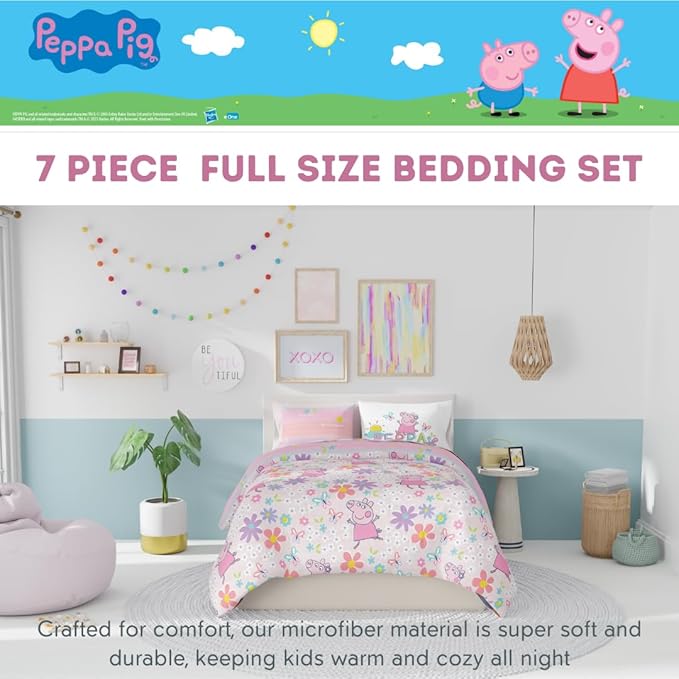 Franco Peppa Pig Kids Bedding Super Soft Comforter and Sheet Set with Sham, 7 Piece Full Size, (Officially Licensed Product)