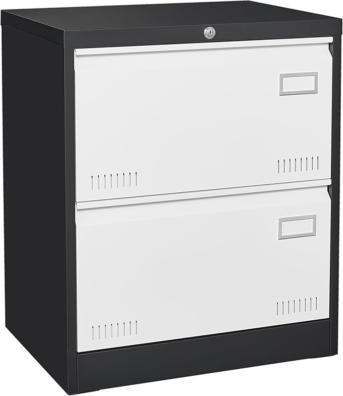 2 Drawer Metal Lateral Lock and Card Holder,Office Vertical Files Storage Cabinets w/Heavy 3 Section Slide Rail & Breathable Holes,for Legal/Letter/A4,Black+White