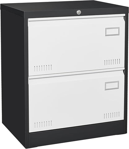 2 Drawer Metal Lateral Lock and Card Holder,Office Vertical Files Storage Cabinets w/Heavy 3 Section Slide Rail & Breathable Holes,for Legal/Letter/A4,Black+White