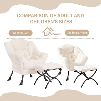 Welnow Toddler Kids Lazy Chair with Ottoman, Accent Comfy Lounge Children Armchair Couch with Armrest and Removable Cover, Detachable Reading Chair with Footrest for Boy or Girl, Plush Beige