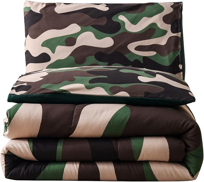 Meeting Story Camouflage Bedding Set, Colorful Pattern Style Comforter Set, 5 PCS One Comforter Two Pillowcases Two Sheets in One Bag, All Season Bedspread for Teens Adults (Green, Full 5Pcs)