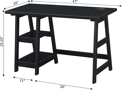 Convenience Concepts Designs2Go Trestle Desk with Charging Station and Shelves, Black