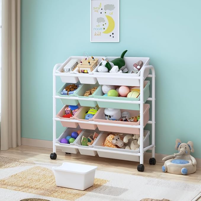 Kids Toy Storage Organizer with 12 Plastic Bins, 4-Tier Metal Toy Storage Rack, Metal Toy Organizer with Storage Bins for Kids Room, Playroom and Nursery, Multi-Color