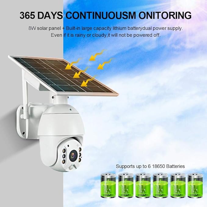 100% Wire-Free Wireless Rechargeable Battery Solar Powered Outdoor 1080P Pan Tilt WiFi Security Camera PIR Motion Recording Two-Way Audio IP65 Weatherproof Night Vision Built-in SD Slot